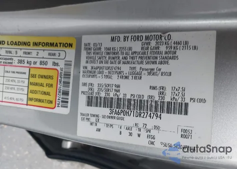 2013 Ford Fusion Se from USA, damaged, VIN 3FA6P0H71DR274794